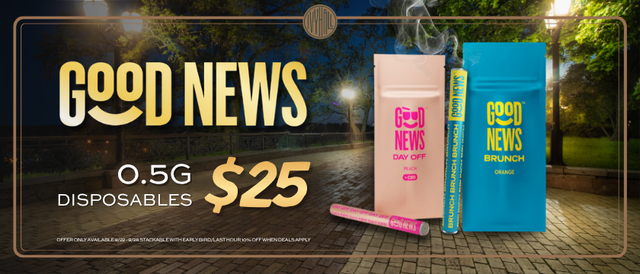 Cannabis Promo, Cannabis Sales, Cannabis Discounts, Cannabis on Sale, Good News 0.5g Disposables - $25 Each