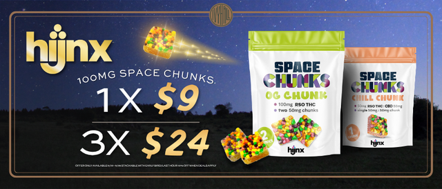 Cannabis Promo, Cannabis Sales, Cannabis Discounts, Cannabis on Sale, Hijnx 100mg 2pk Space Chunks - $9 Each