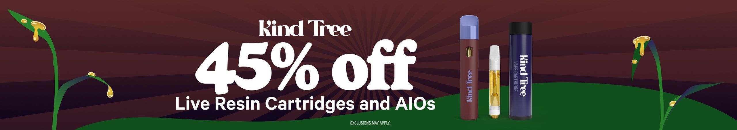 Cannabis Promo, Cannabis Sales, Cannabis Discounts, Cannabis on Sale, 45% Off Kind Tree Live Resin Carts & AIO
