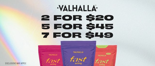 Cannabis Promo, Cannabis Sales, Cannabis Discounts, Cannabis on Sale, 2/$20, 5/$45 or 7/$49 Valhalla Fast Acting Edibles