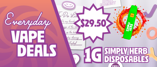 Cannabis Promo, Cannabis Sales, Cannabis Discounts, Cannabis on Sale, $29.50 Simply Herb 1G Disposables