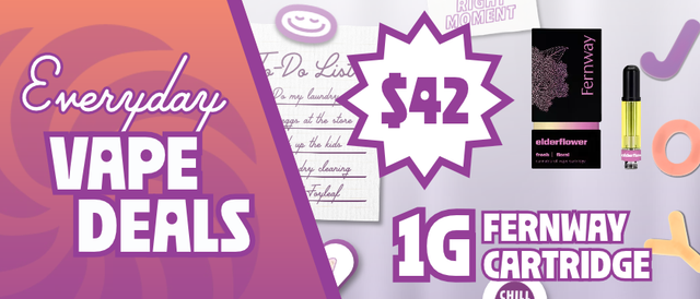Cannabis Promo, Cannabis Sales, Cannabis Discounts, Cannabis on Sale, $42 Fernway 1G Cartridges