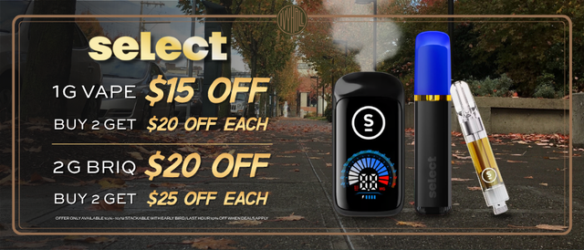 Cannabis Promo, Cannabis Sales, Cannabis Discounts, Cannabis on Sale, Select Vape Sale