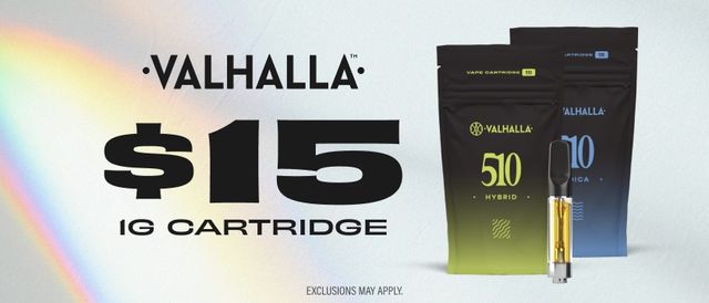 Cannabis Promo, Cannabis Sales, Cannabis Discounts, Cannabis on Sale, $15 Select Valhalla 1G Carts