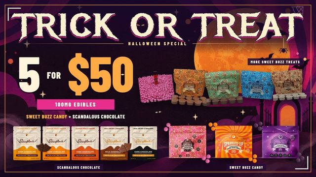 Cannabis Promo, Cannabis Sales, Cannabis Discounts, Cannabis on Sale, Trick or Treat - Sweetbuzz 5 For $50