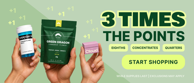 Cannabis Promo, Cannabis Sales, Cannabis Discounts, Cannabis on Sale, 3 x Points With Purchase of Any Concentrate or Flower!