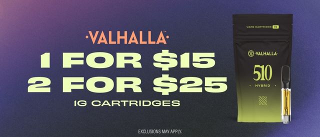 Cannabis Promo, Cannabis Sales, Cannabis Discounts, Cannabis on Sale, Valhalla 1G Carts - 1 for $15 or 2 for $25