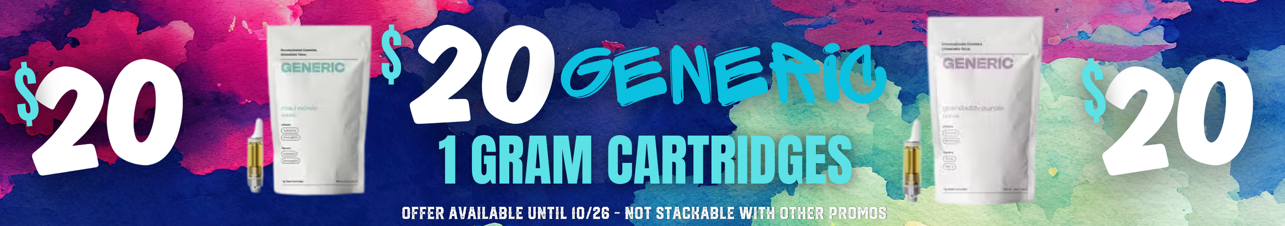 Cannabis Promo, Cannabis Sales, Cannabis Discounts, Cannabis on Sale, $20 GENERIC 1G CARTS