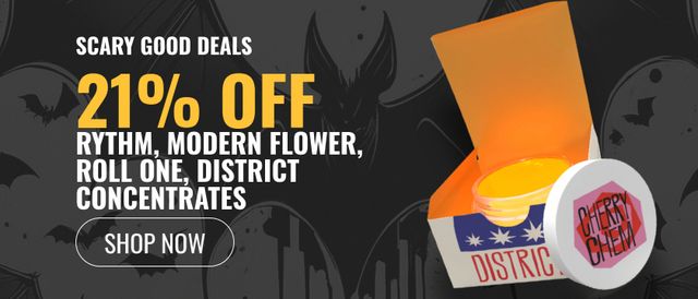 Cannabis Promo, Cannabis Sales, Cannabis Discounts, Cannabis on Sale, 21% off Rythm, Modern Flower, Roll One, District Concentrates