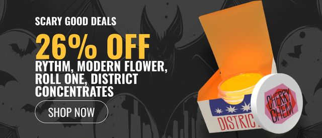 Cannabis Promo, Cannabis Sales, Cannabis Discounts, Cannabis on Sale, 26% off Rythm, Modern Flower, Roll One, District Concentrates