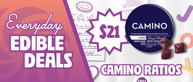 Cannabis Promo, Cannabis Sales, Cannabis Discounts, Cannabis on Sale, $21 Camino Ratio Edibles
